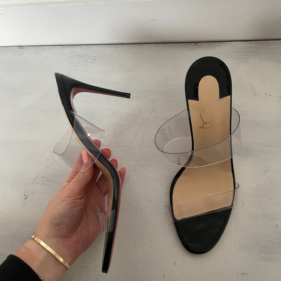 ❌SOLD❌Christian Louboutin Just Nothing 85 Slide Sandals Patent Leather PVC Mule - Picture 6 of 12